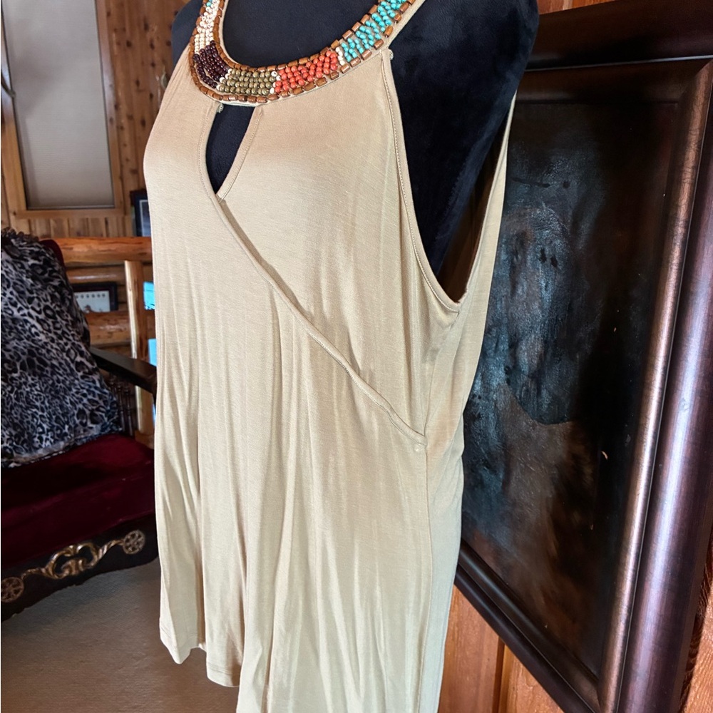 Cable & Gauge Beige Tank Top with Colorful Beaded Neckline